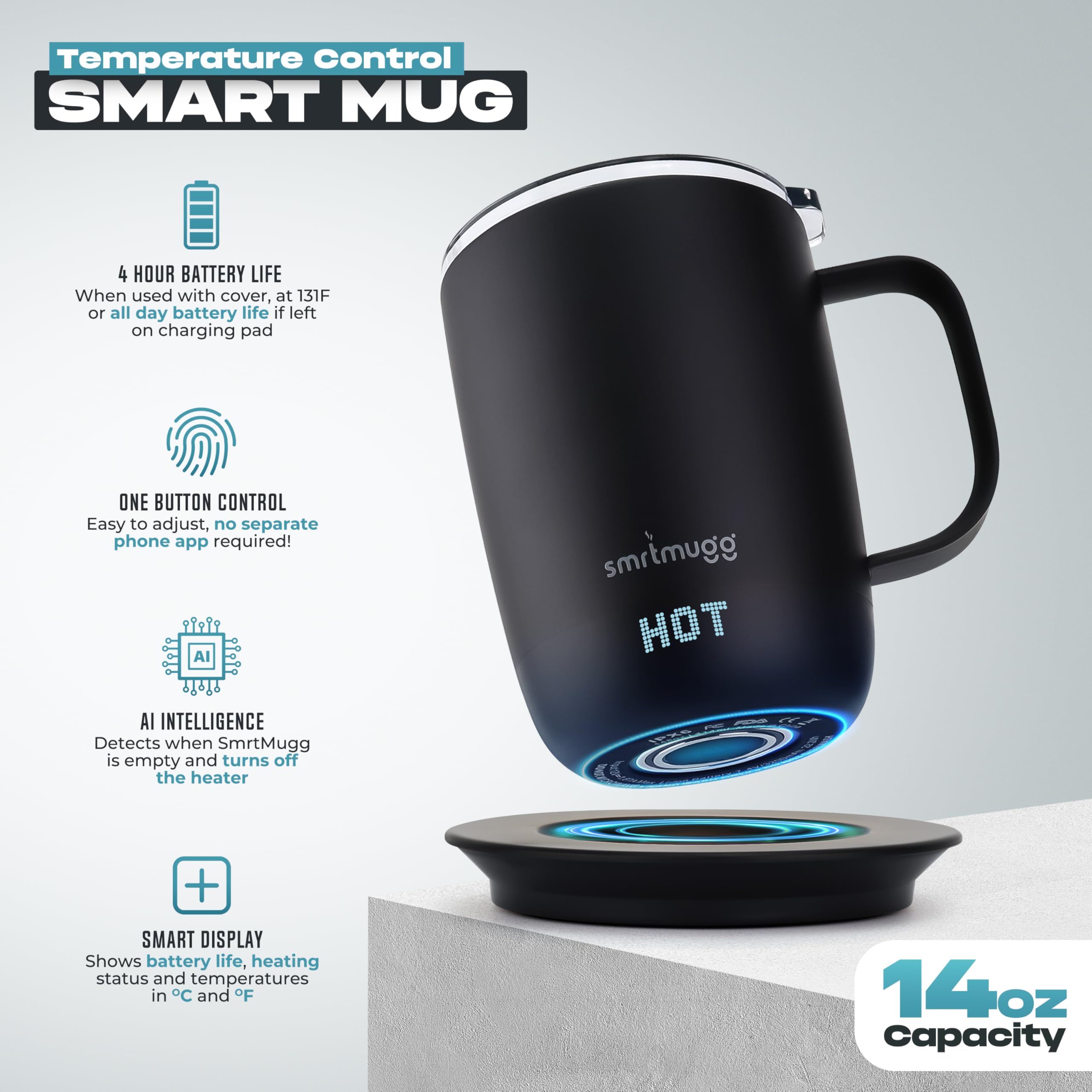 SmrtMugg Pro 14 oz mug highlights up to 4-hour battery life for extended warmth.