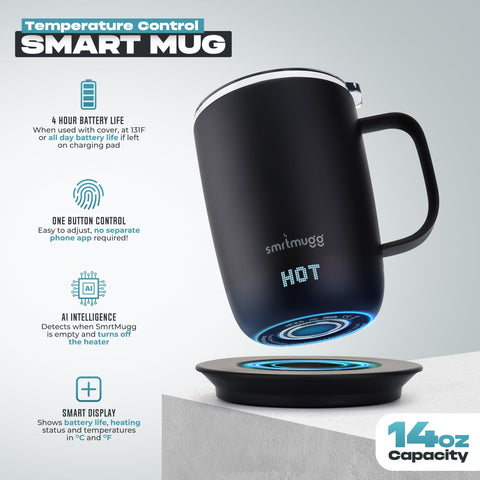 SmrtMugg Pro 14 oz mug highlights up to 4-hour battery life for extended warmth.