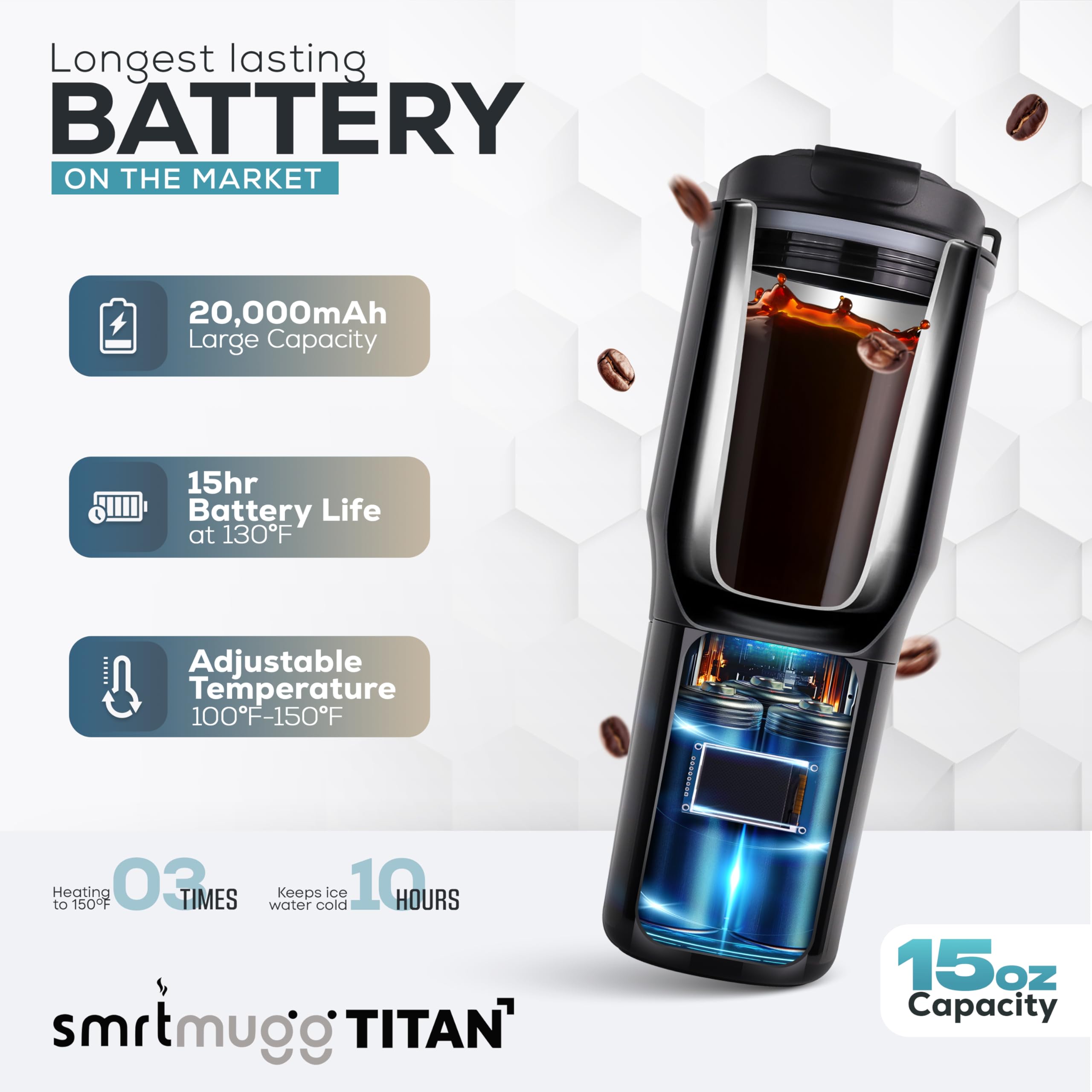 SmrtMugg TITAN on-the-go use with built-in portable charger.