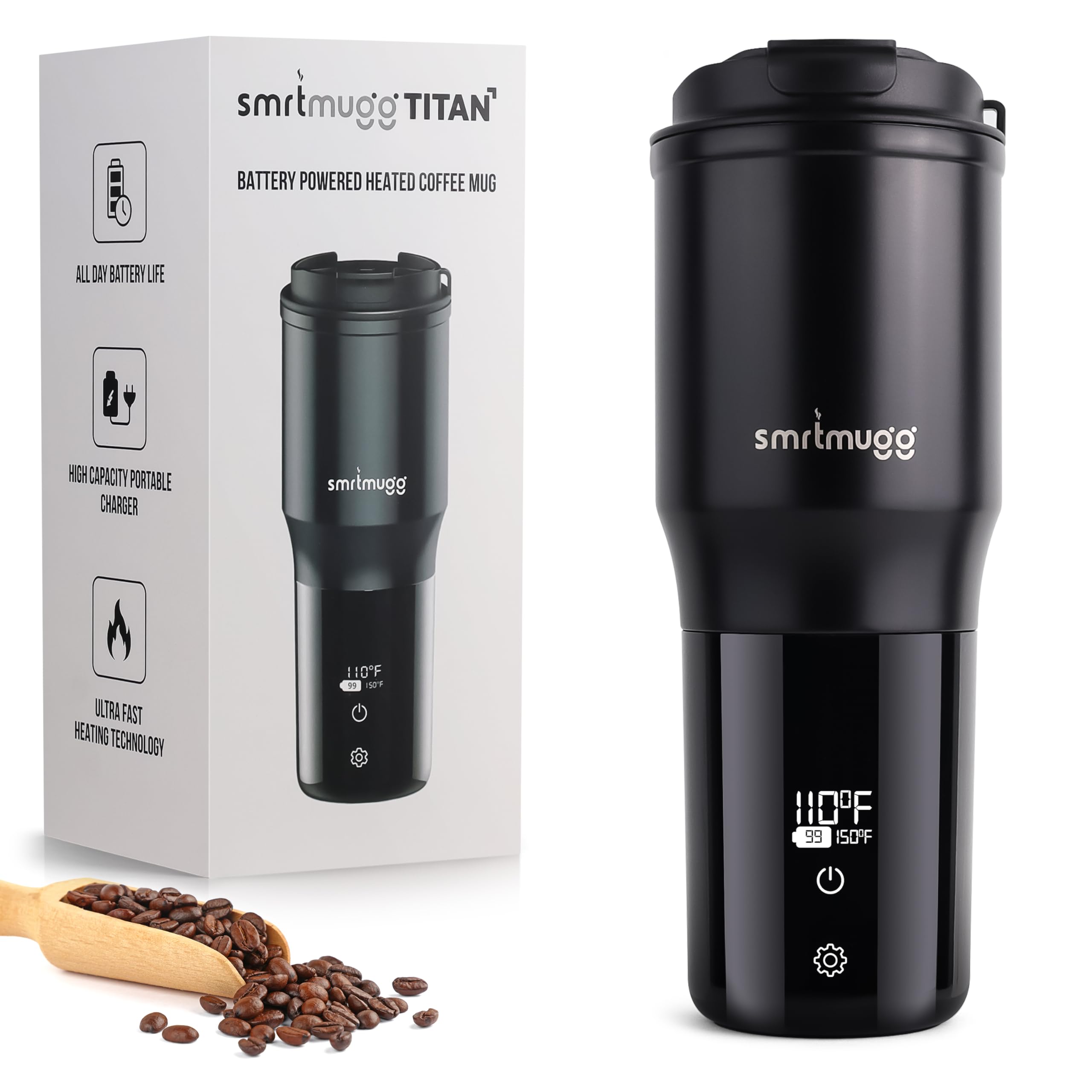SmrtMugg TITAN heated mug on table, 15oz capacity for warmth.