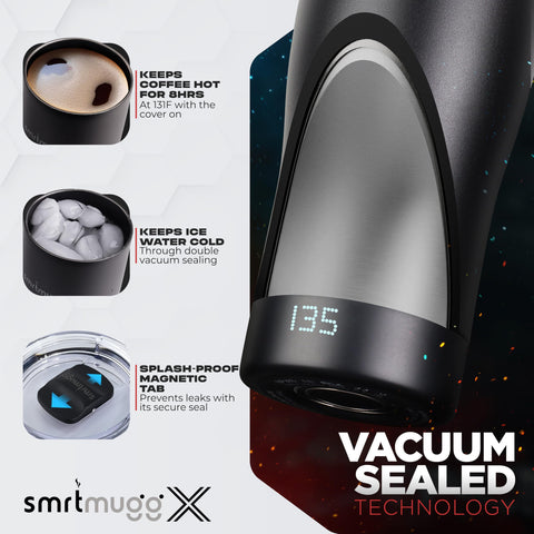 SmrtMugg X heated mug battery indicator emphasizing long-lasting power for desk use