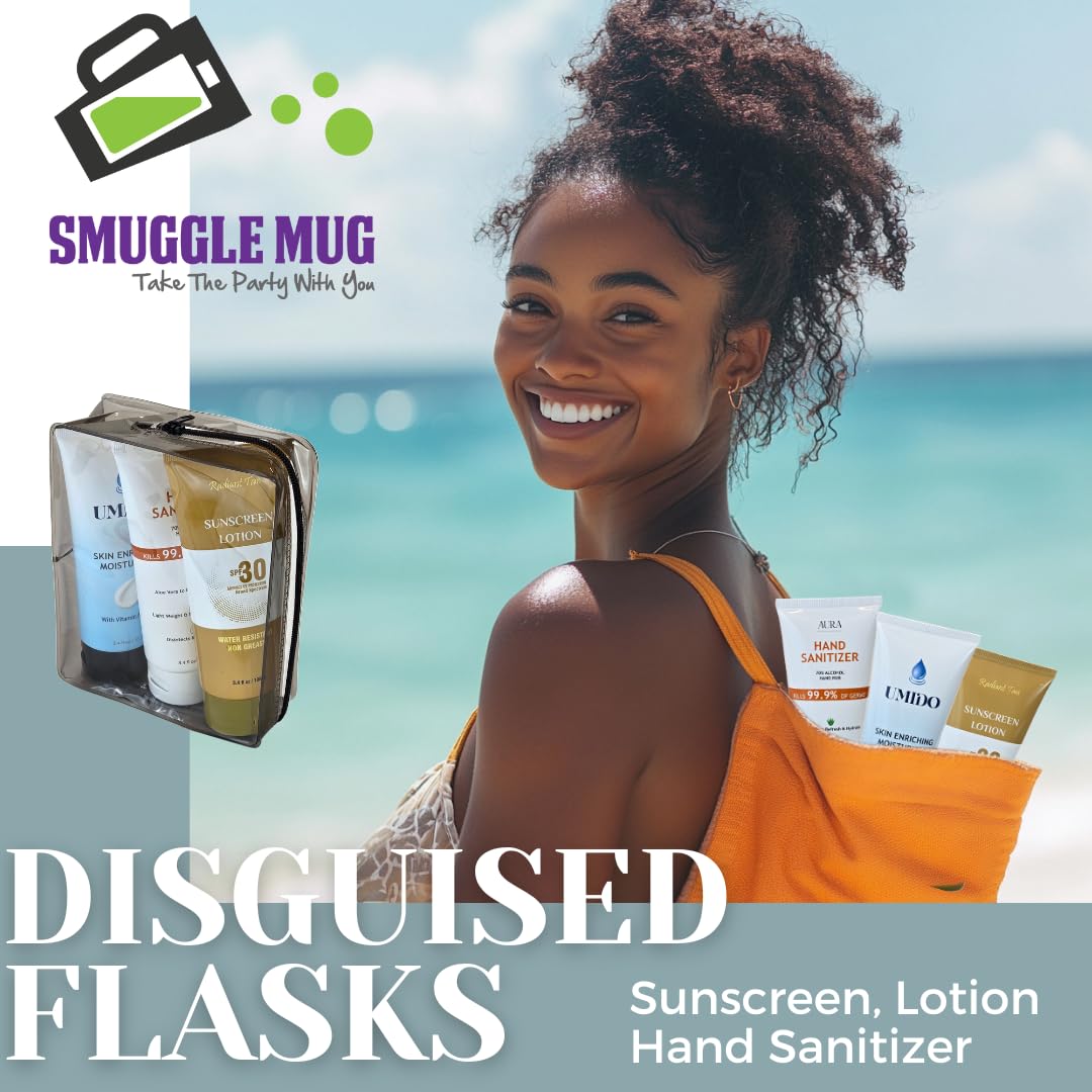 Smuggle Mug Lotion Flasks with clear quart bag for TSA-friendly packing.