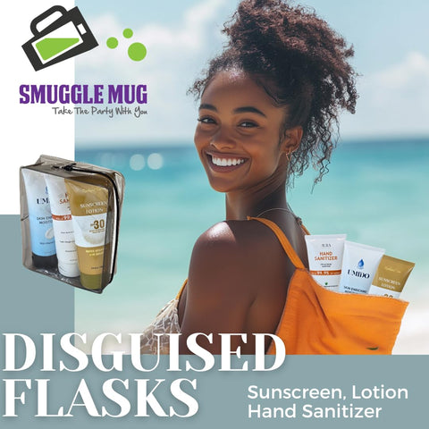Smuggle Mug Lotion Flasks with clear quart bag for TSA-friendly packing.