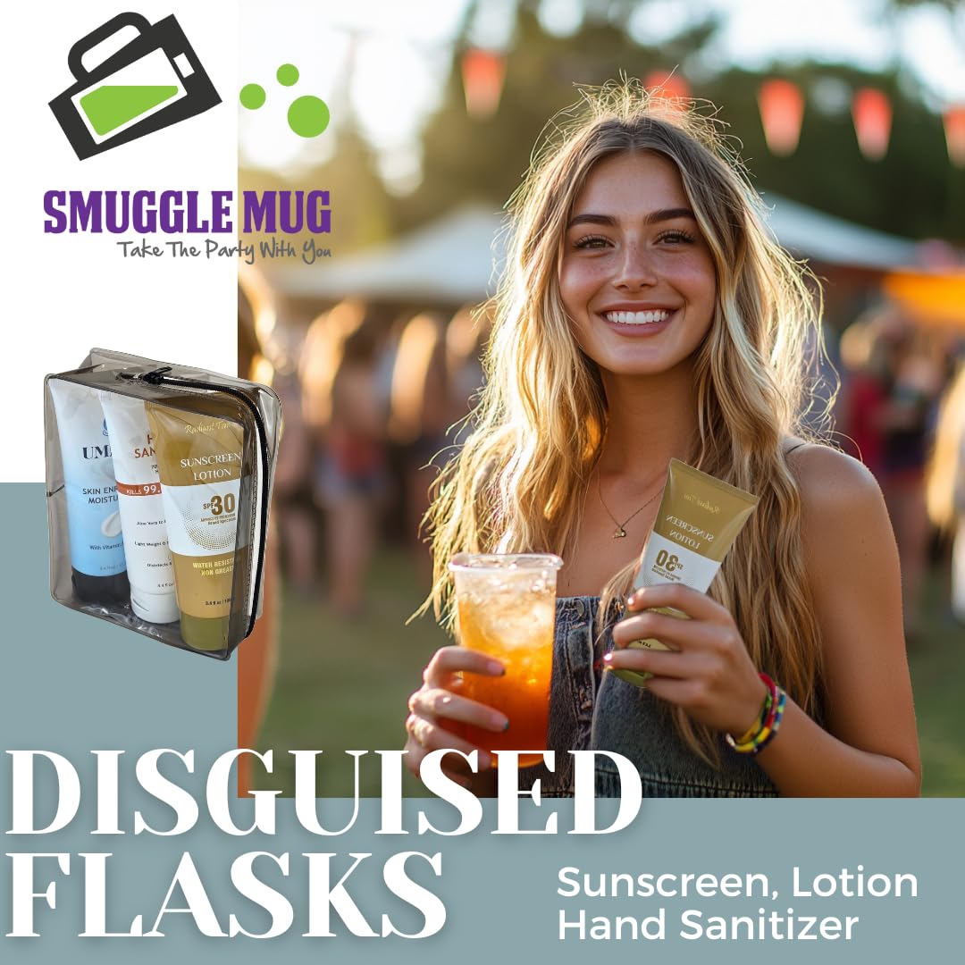 Smuggle Mug Lotion Flasks disguised as sunscreen, practical travel disguise.