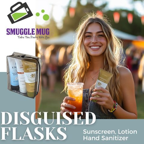 Smuggle Mug Lotion Flasks disguised as sunscreen, practical travel disguise.