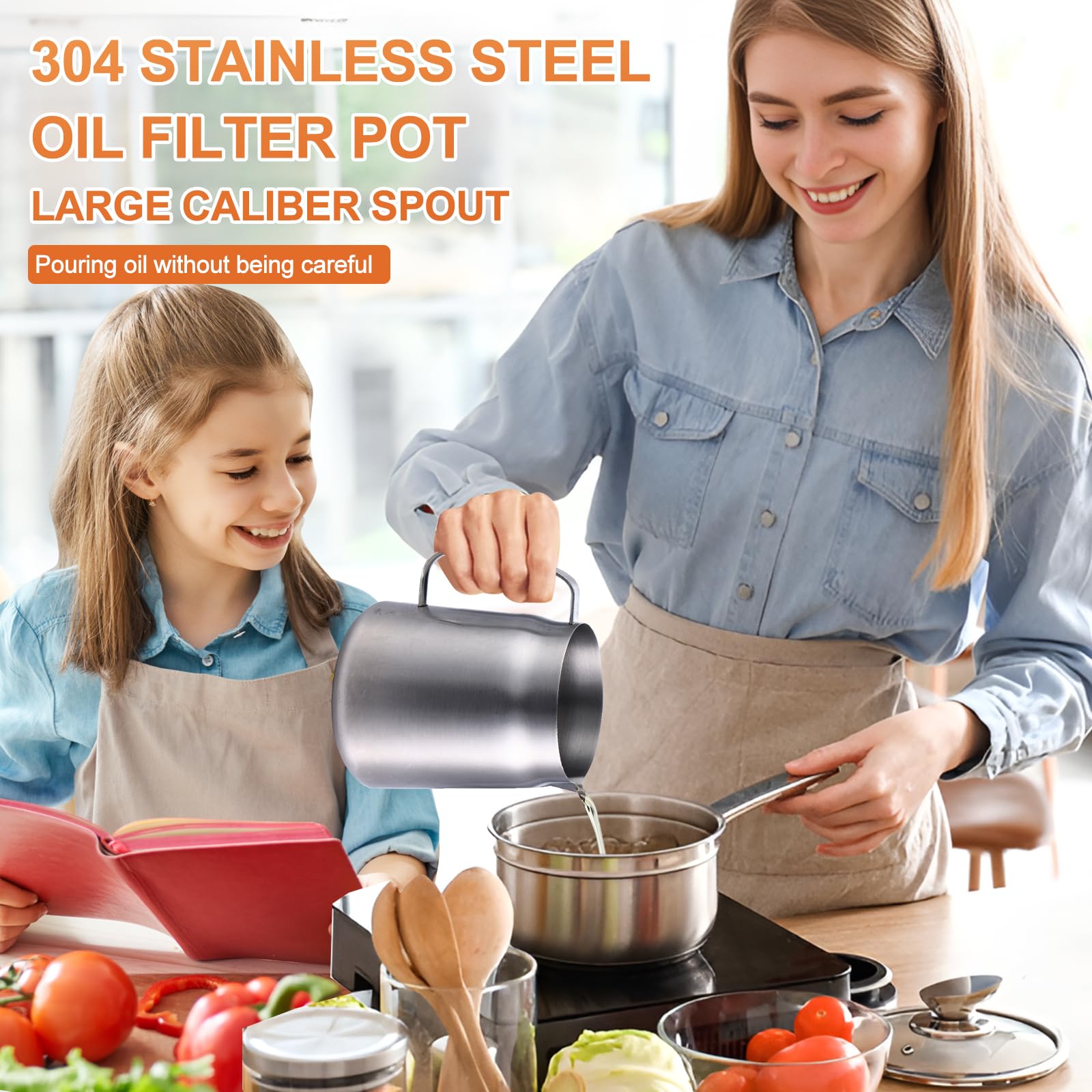Smwmwon 2-in-1 oil strainer pot handle close-up highlights ergonomic grip and pour accuracy.