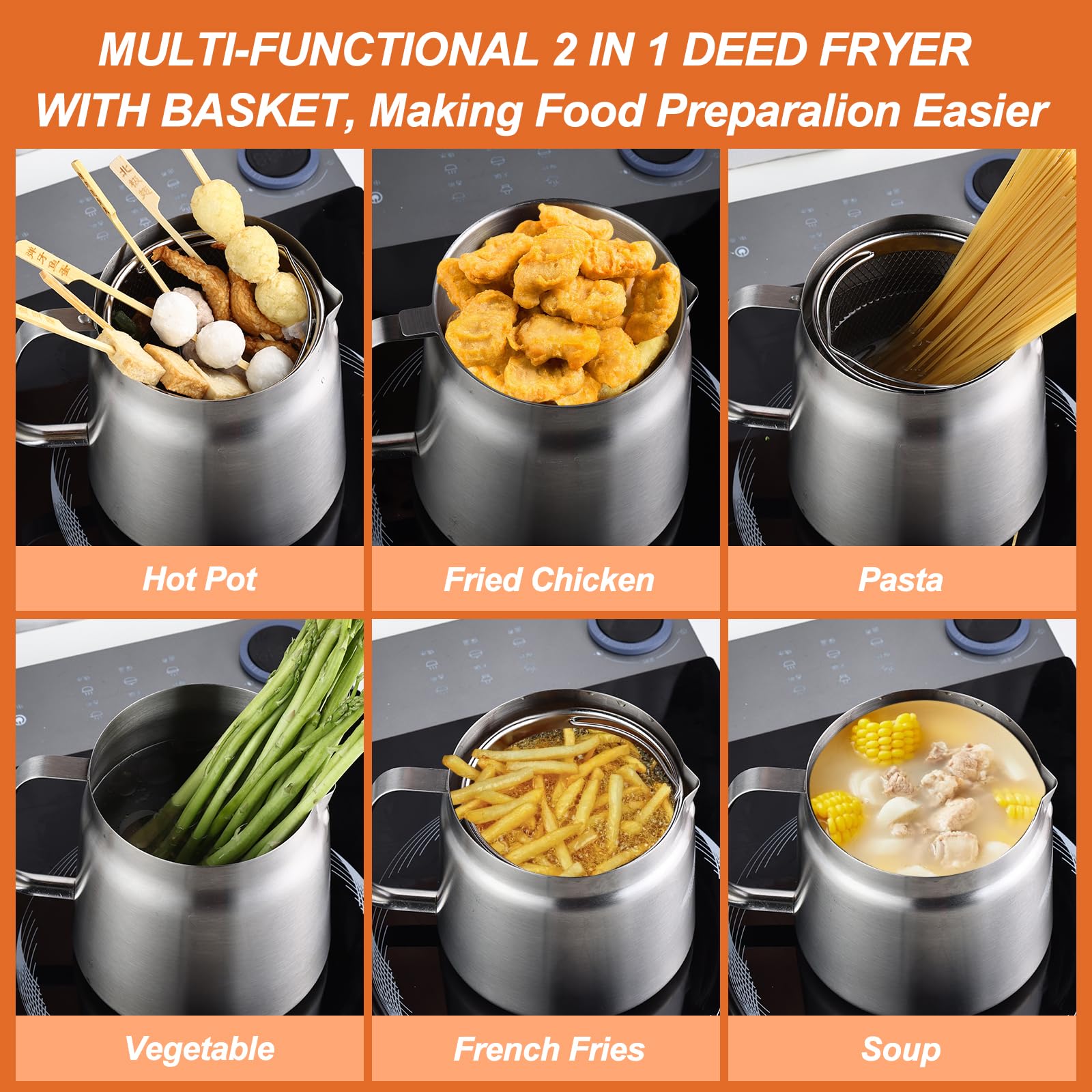 Smwmwon stainless steel fryer pot with brushed finish for durable use.