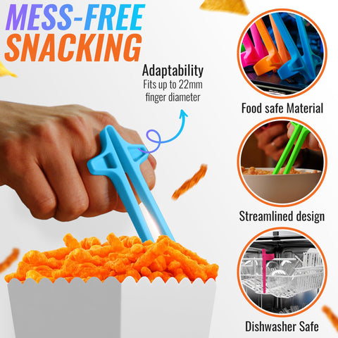 SNACTIV LITE neon finger chopsticks on hand enable clean snacking during gameplay