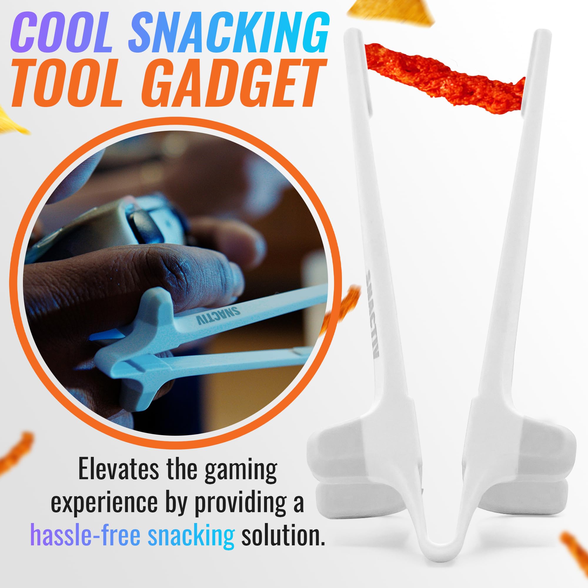 SNACTIV Pro in-use with chips, showing mess-free snacking during gameplay.