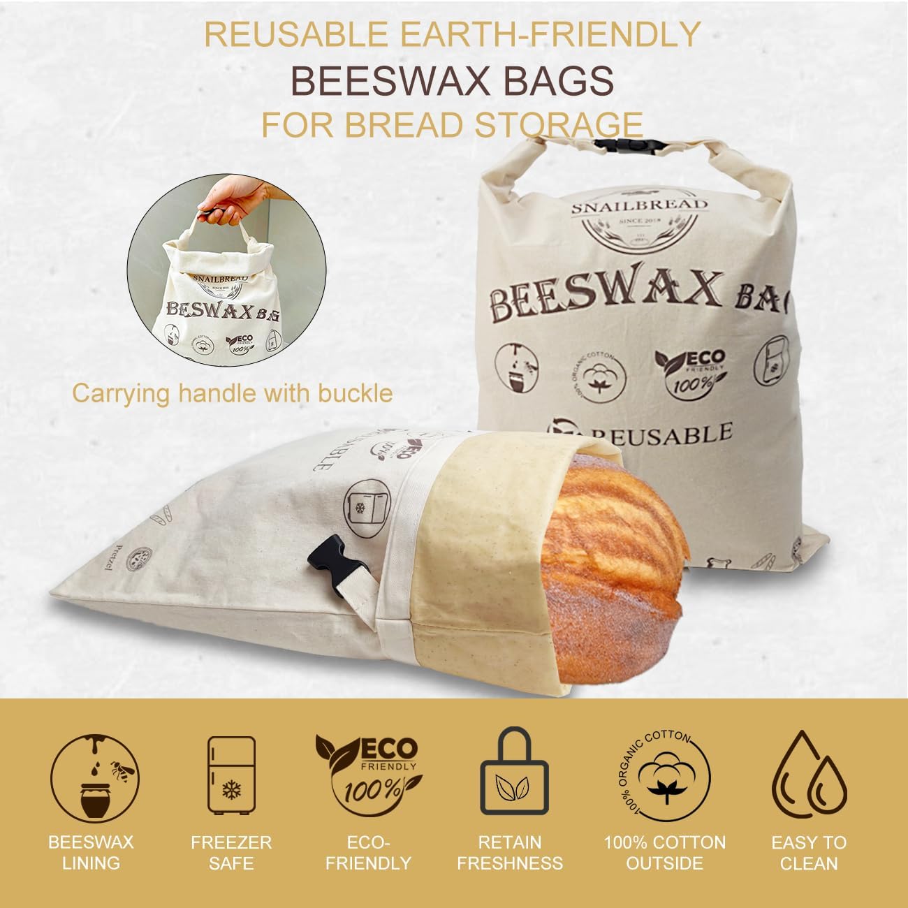 SnailBread easy-clean cotton bag for quick wipe-down after use.