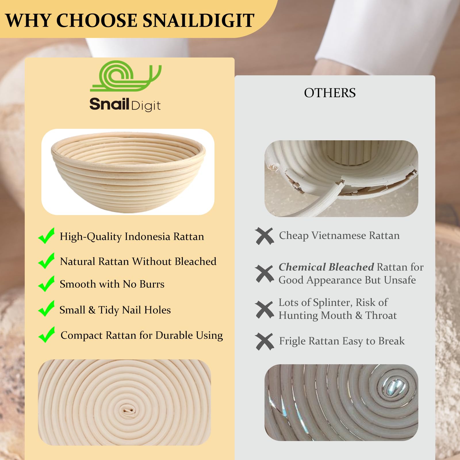 SnailDigit 9-inch round banneton enhances dough structure and proofing during baking
