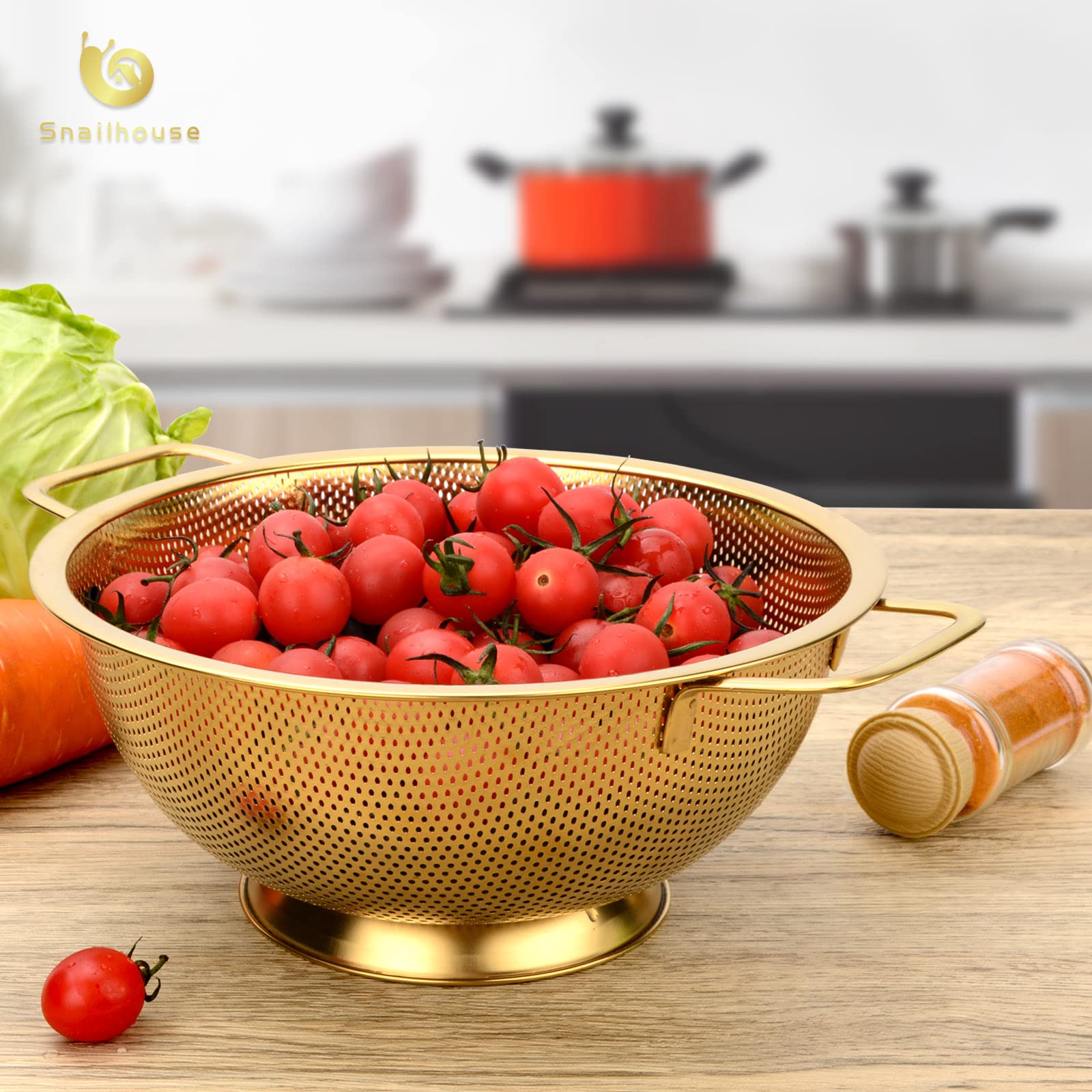 Snailhouse colander dimensions 11.22 by 8.82 by 3.94 inches for compact storage.