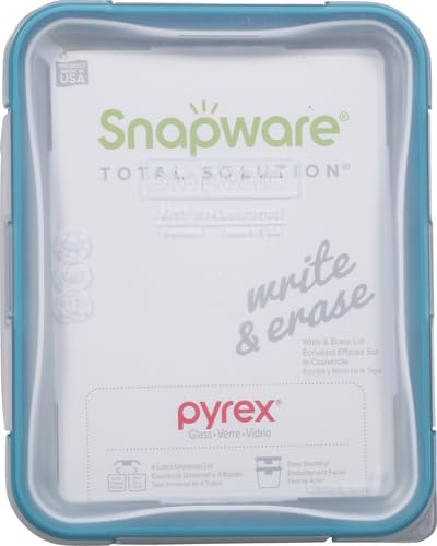 Airtight snap-lock lid seals glass rectangle for spill-free storage.