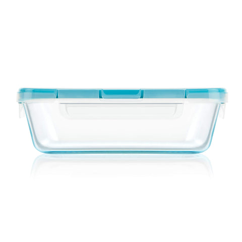Microwave-safe glass rectangle for quick reheats and meals.