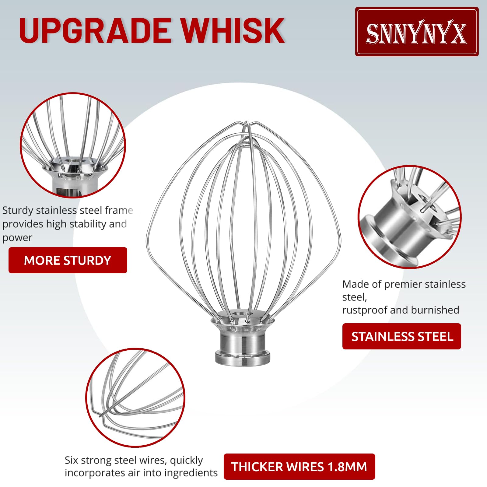 SnnyNyx stainless-steel whisk shows durable construction for long-lasting kitchen performance.