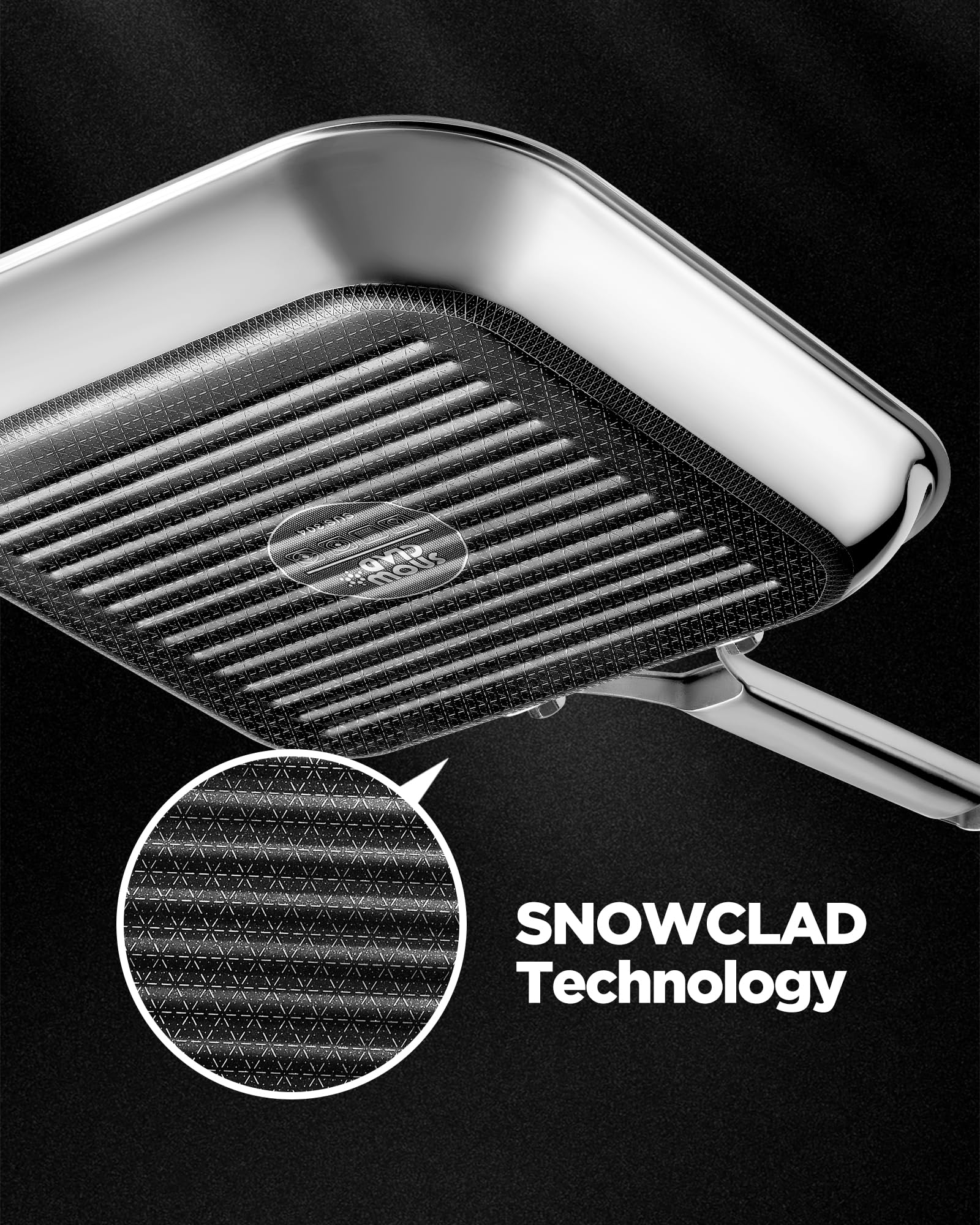 SNOWCLAD easy-clean grill pan with etched surface for quick cleanup.