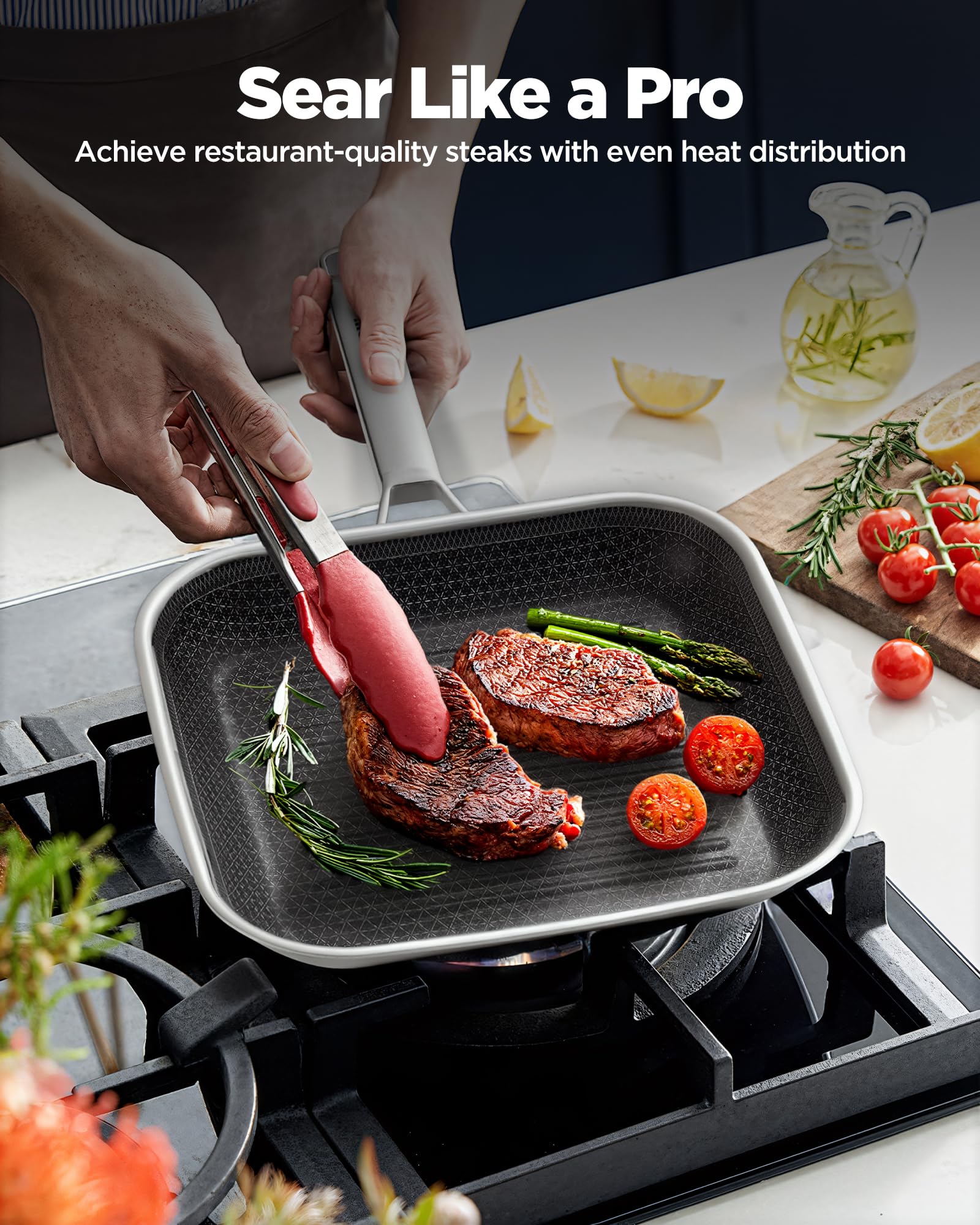 SNOWCLAD even-heat grill pan delivering consistent searing across the surface.
