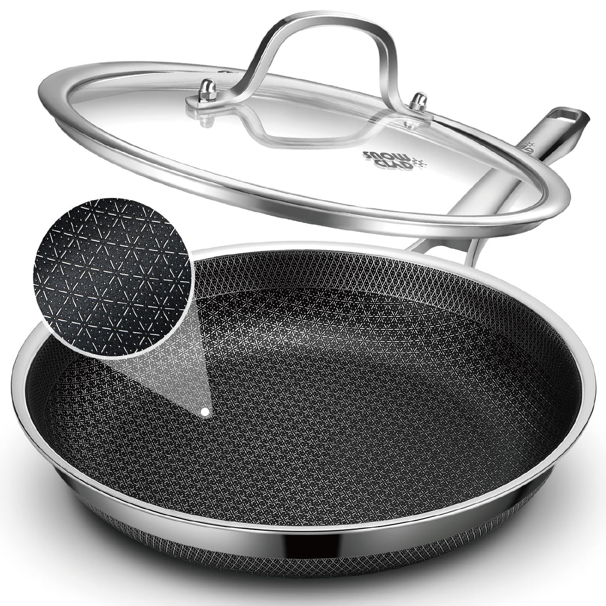 Snowclad ten-inch frying pan with lid for easy everyday searing and even browning.