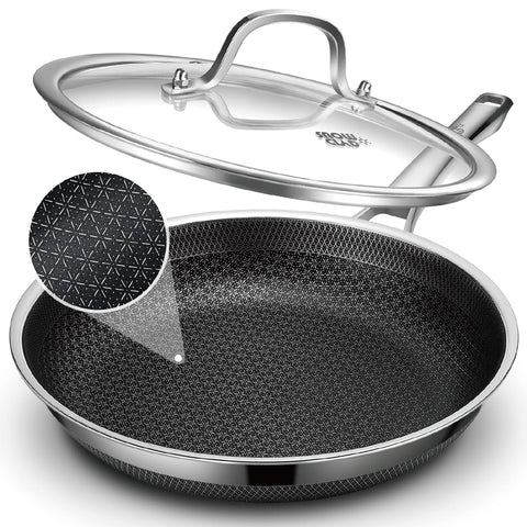 Snowclad ten-inch frying pan with lid for easy everyday searing and even browning.