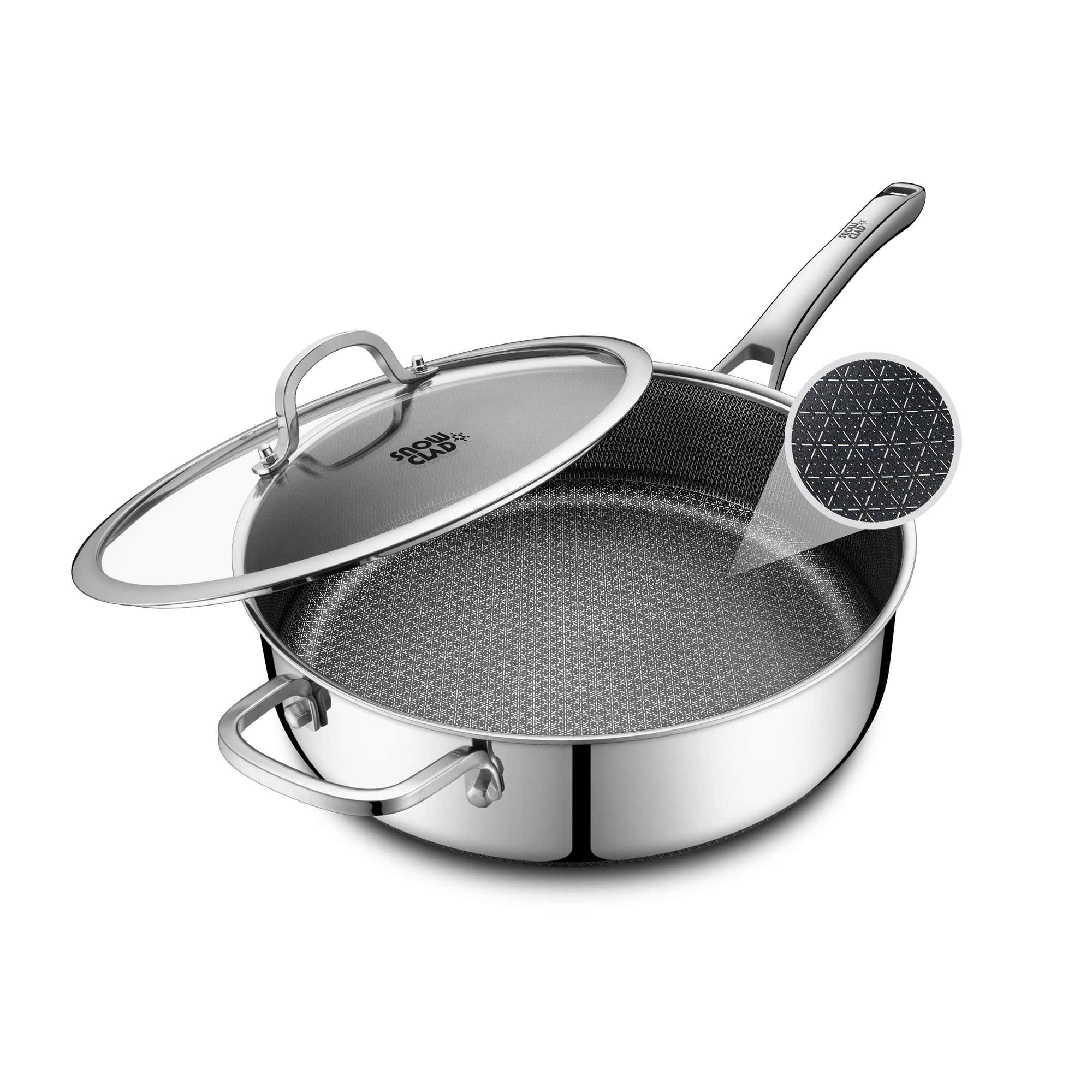 SNOWCLAD hybrid nonstick pan with lid enables easy, low oil cooking.