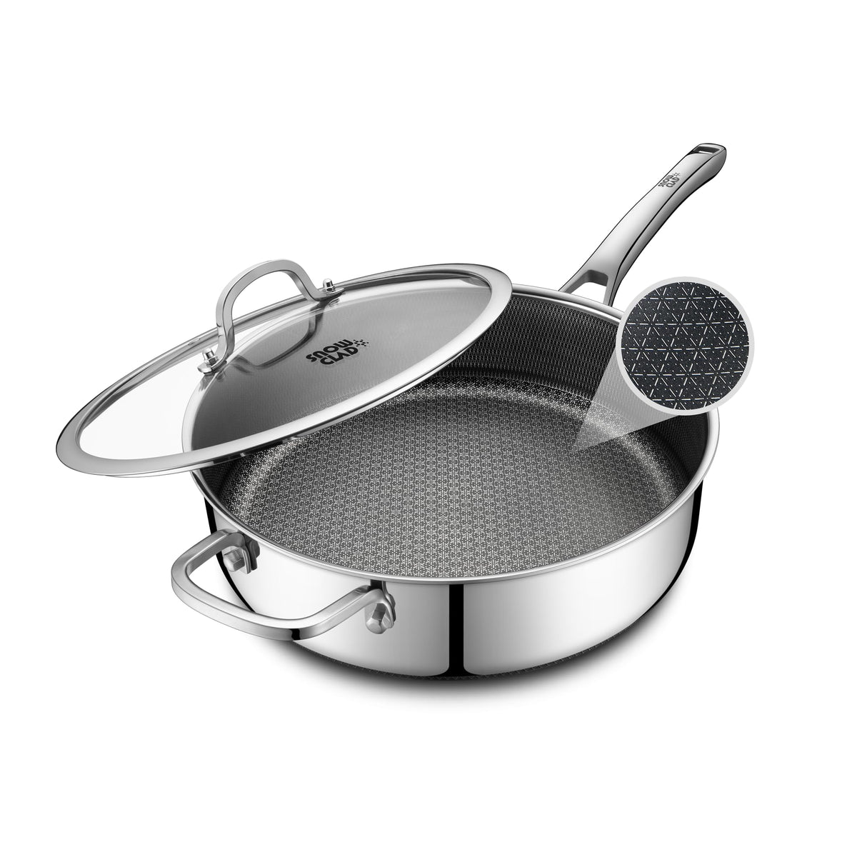 SNOWCLAD hybrid nonstick pan with lid enables easy, low oil cooking.