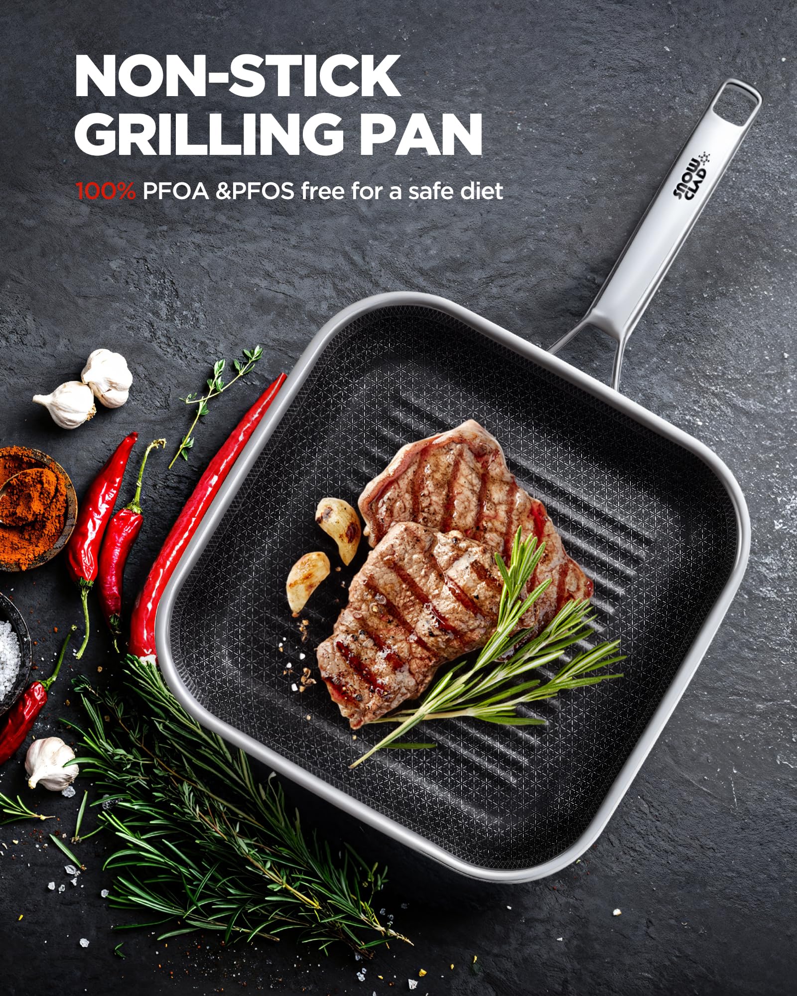 SNOWCLAD square grill pan designed for versatile indoor or outdoor searing.