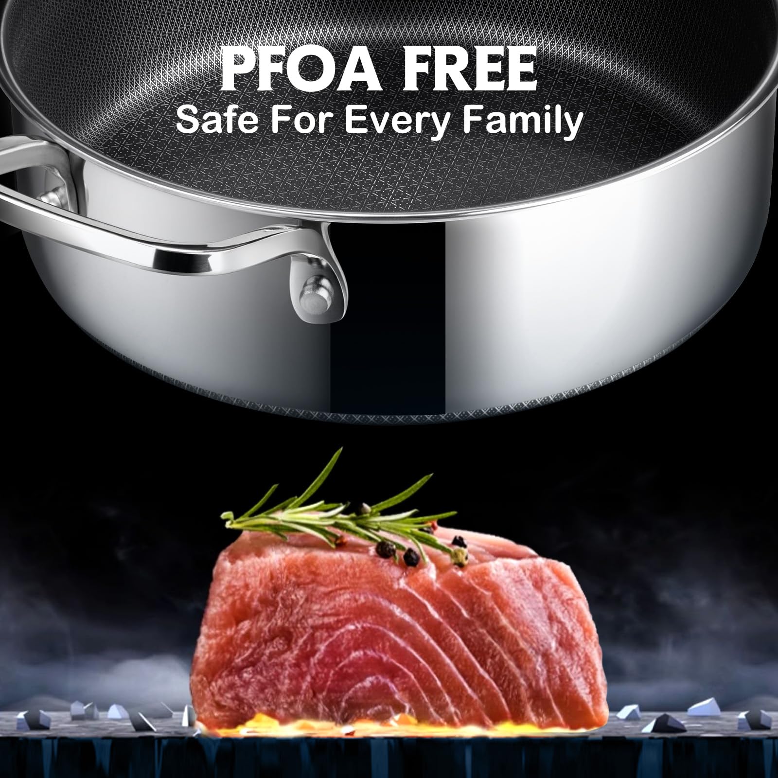 SNOWCLAD stainless-steel dual coating supports even searing and easy cleanup.