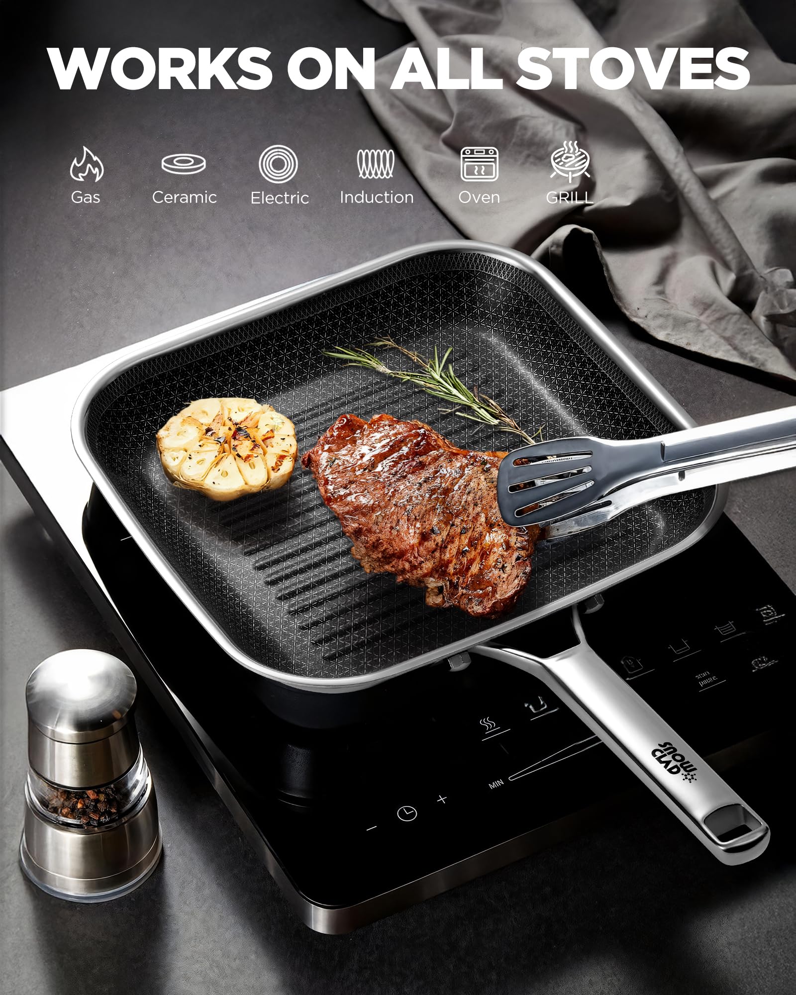 SNOWCLAD stainless steel grill pan showcasing durable construction for daily use.