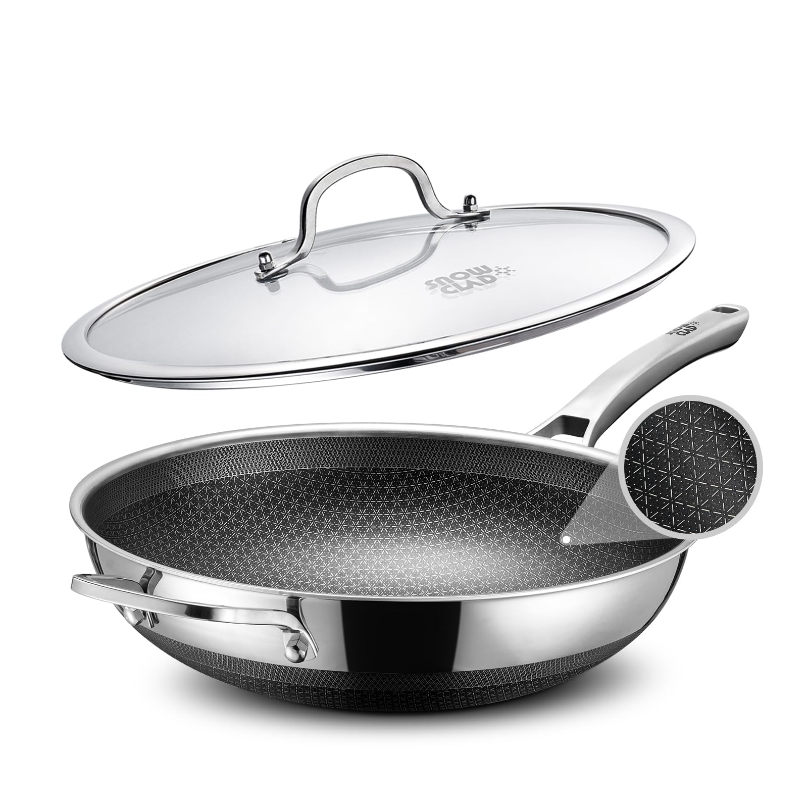 SNOWCLAD Wok 13-inch with lid on for even heat and fast stir-fry.