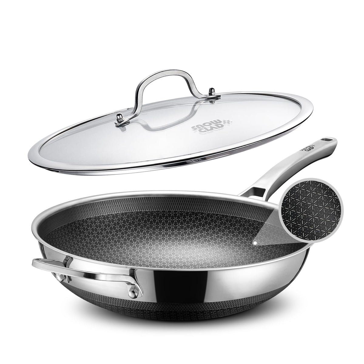 SNOWCLAD Wok 13-inch with lid on for even heat and fast stir-fry.