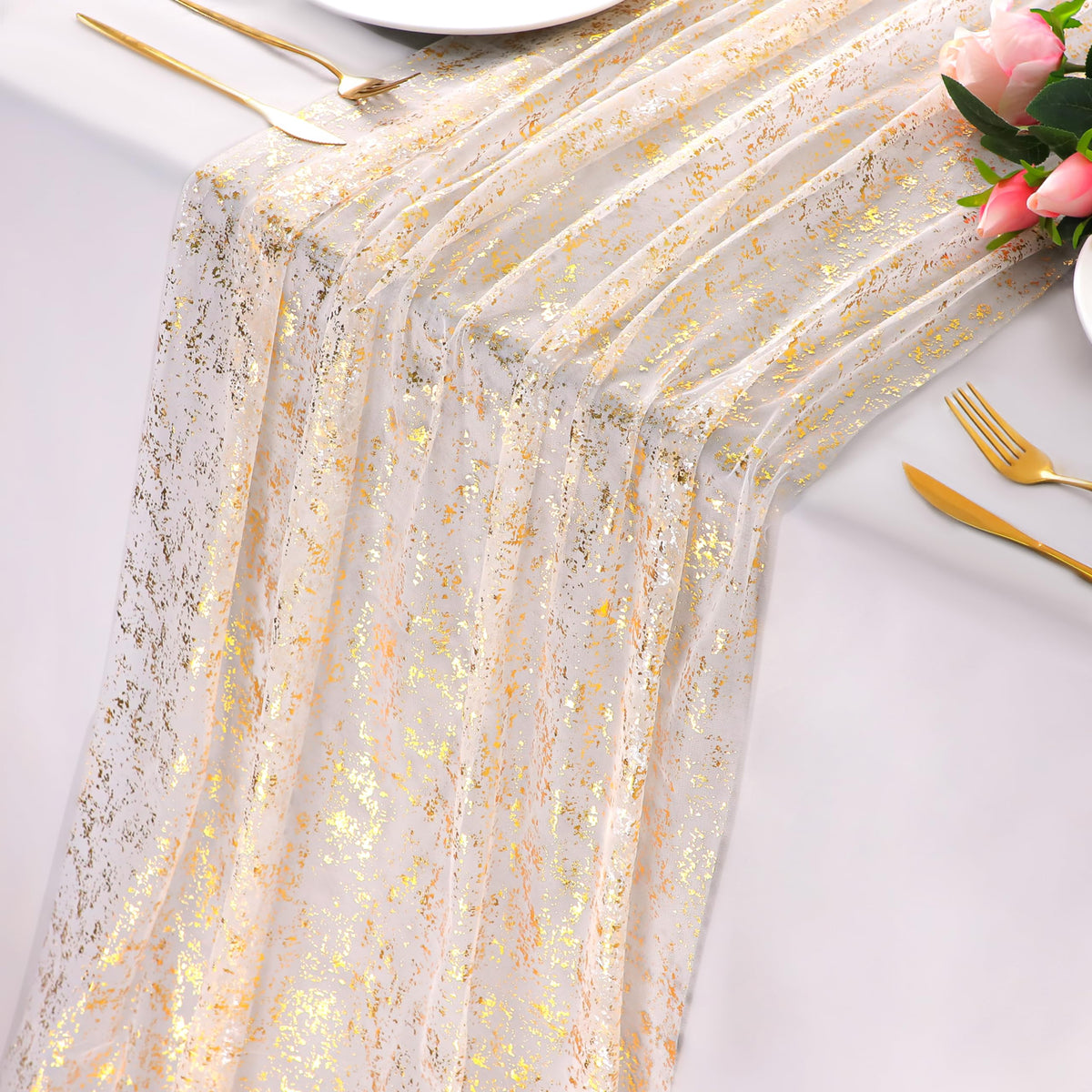 Snowkingdom gold table runner with glittering foil for elegant wedding decor.