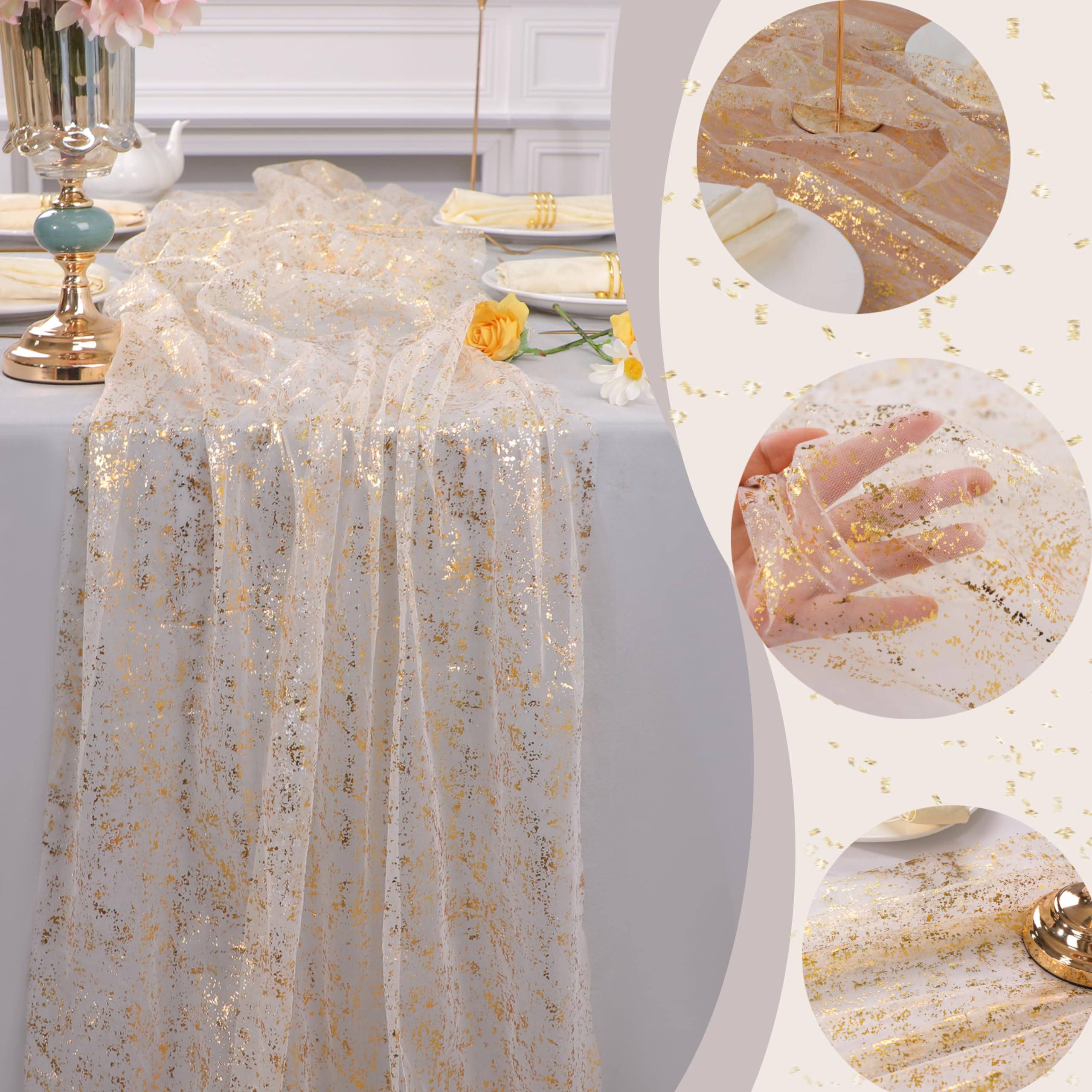 Snowkingdom gold table runner showcasing sheer fabric and metallic sheen.