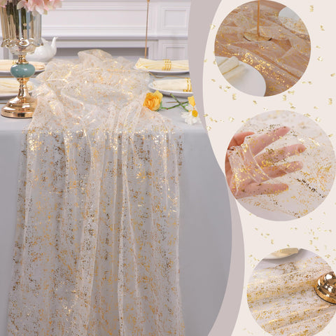 Snowkingdom gold table runner showcasing sheer fabric and metallic sheen.