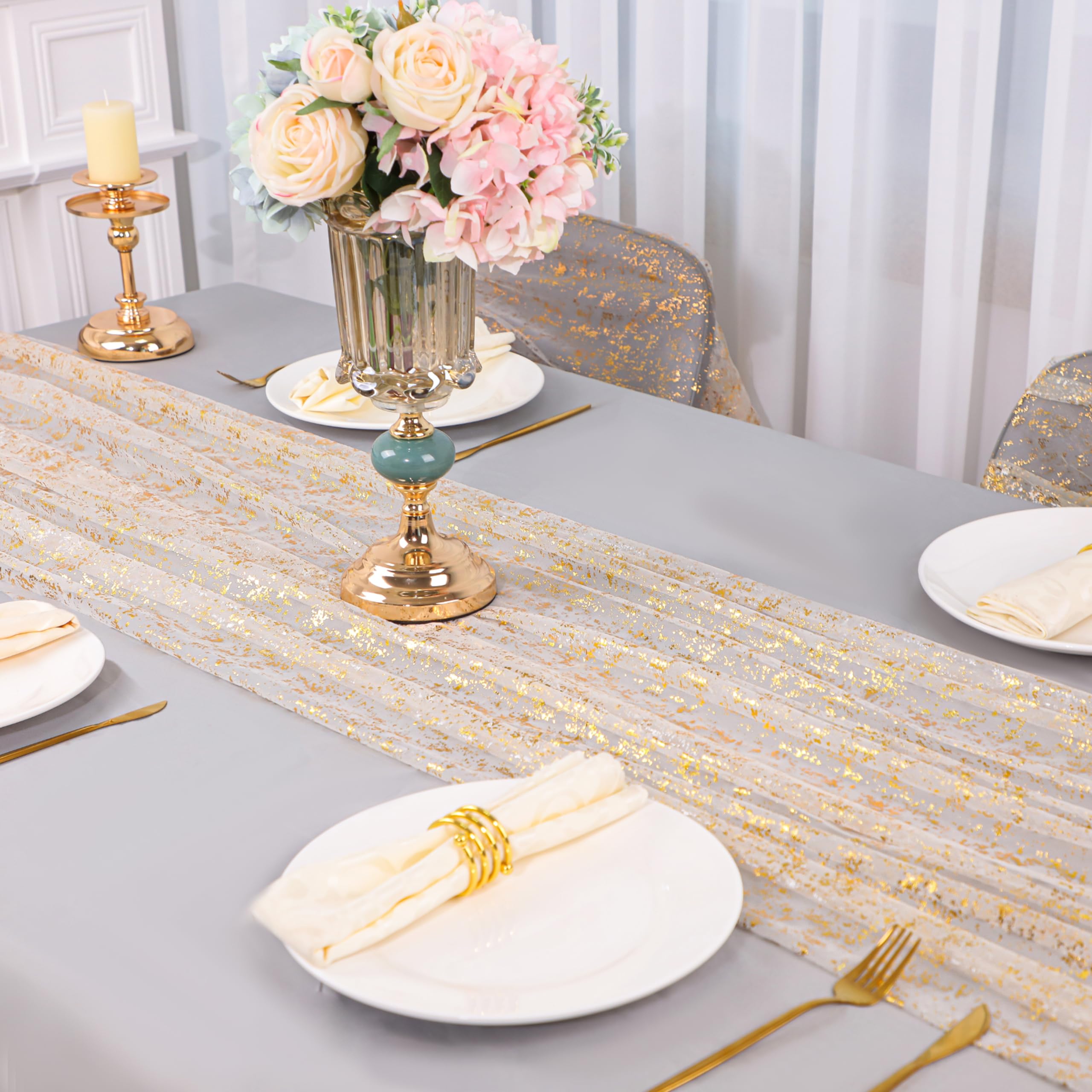 Snowkingdom gold table runner used to dress chairs at an event.