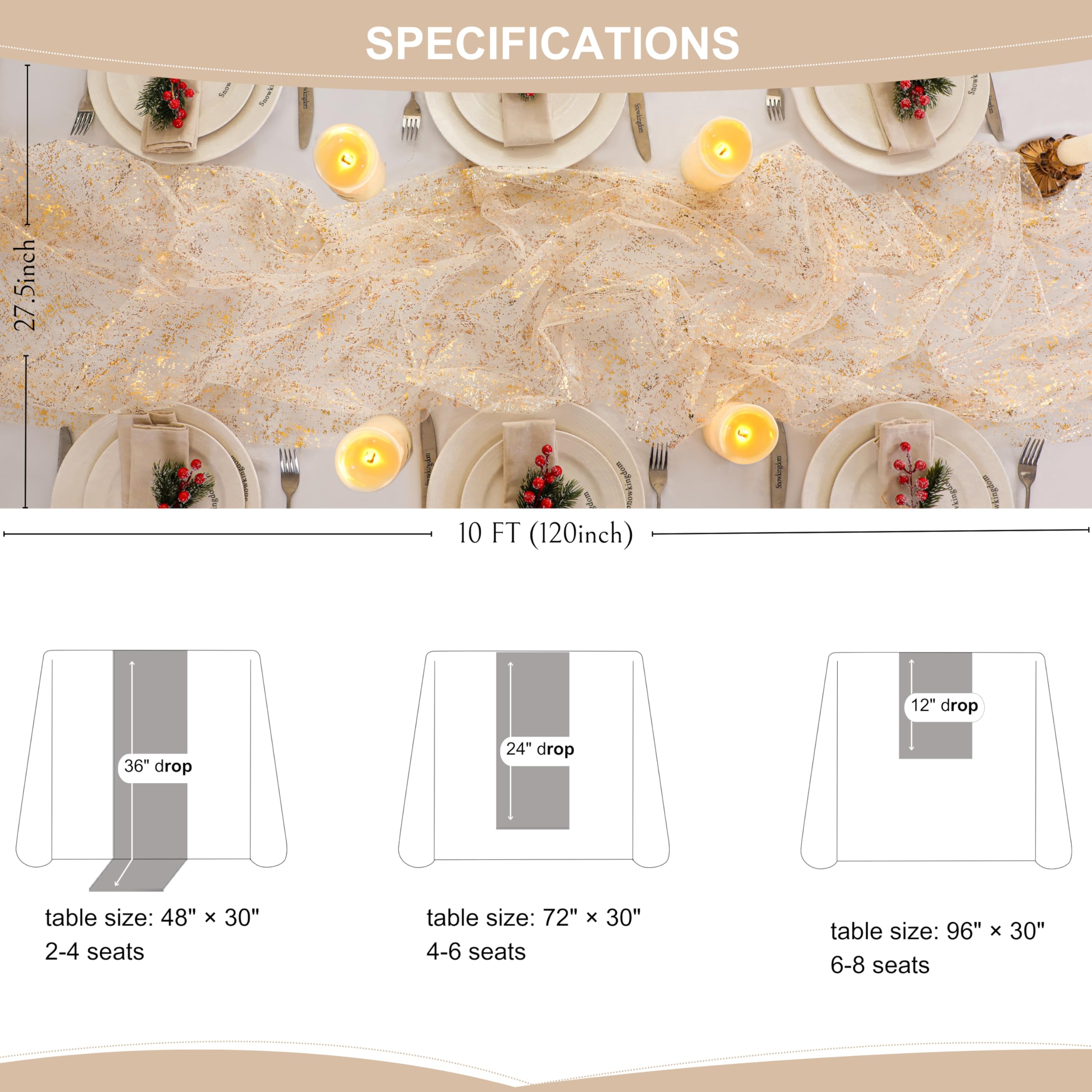 Snowkingdom gold table runner ideal for weddings and dinner parties.