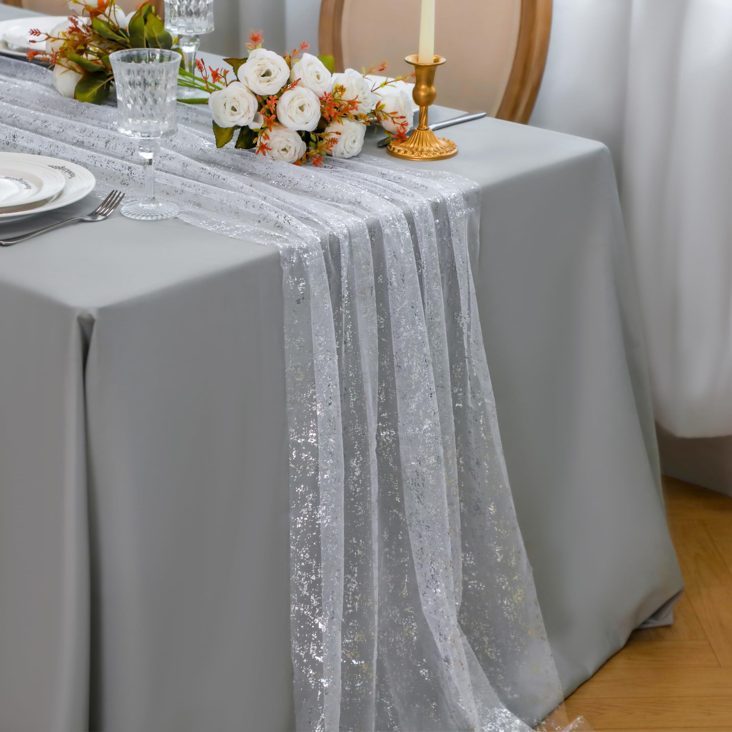 Snowkingdom sheer chiffon gauze runner drapes beautifully along dining tables.