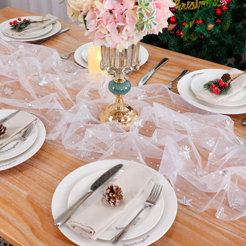 Snowkingdom soft gauze detail emphasizes lightweight elegance for seasonal tables.