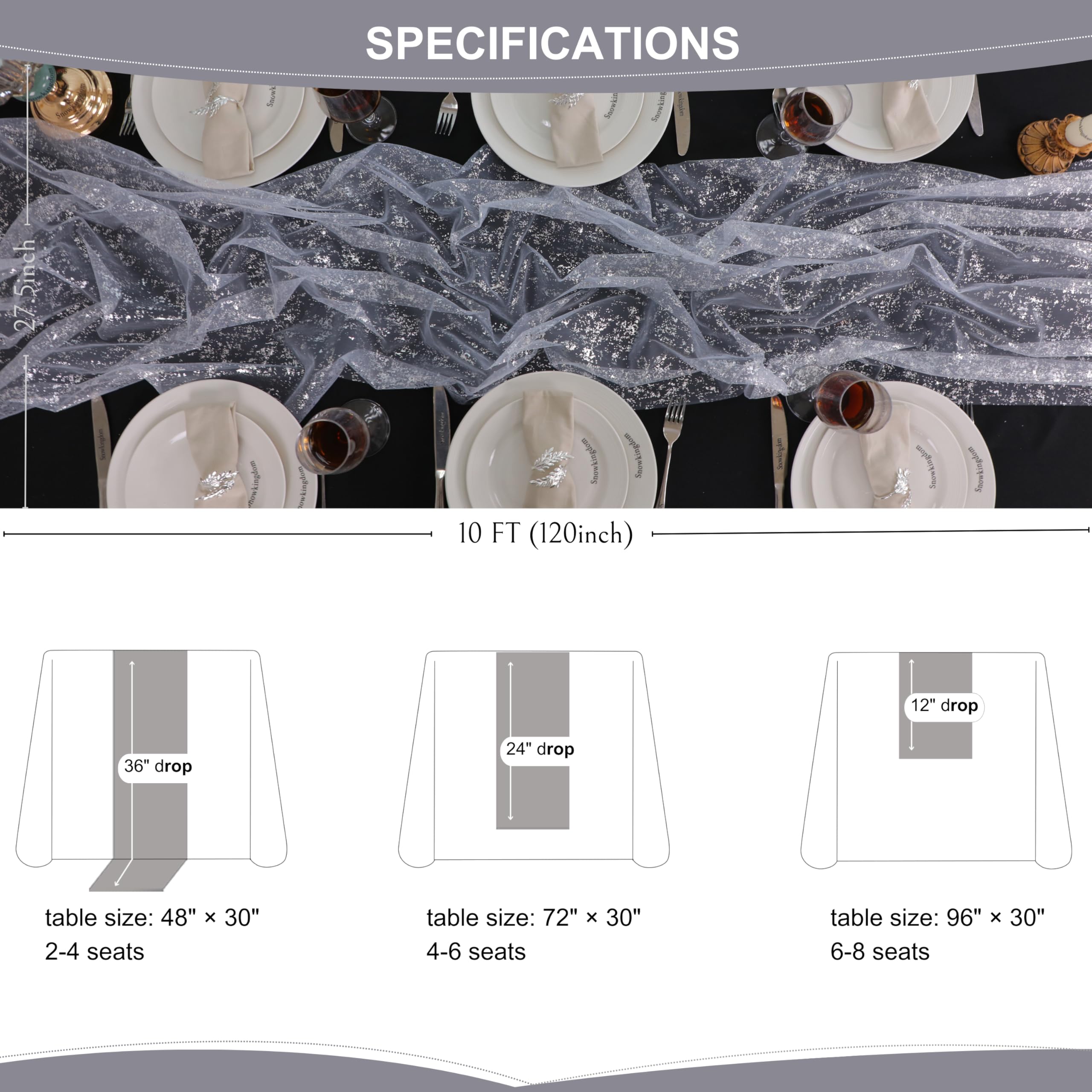 Snowkingdom romantic winter table with sheer fabric and shine.