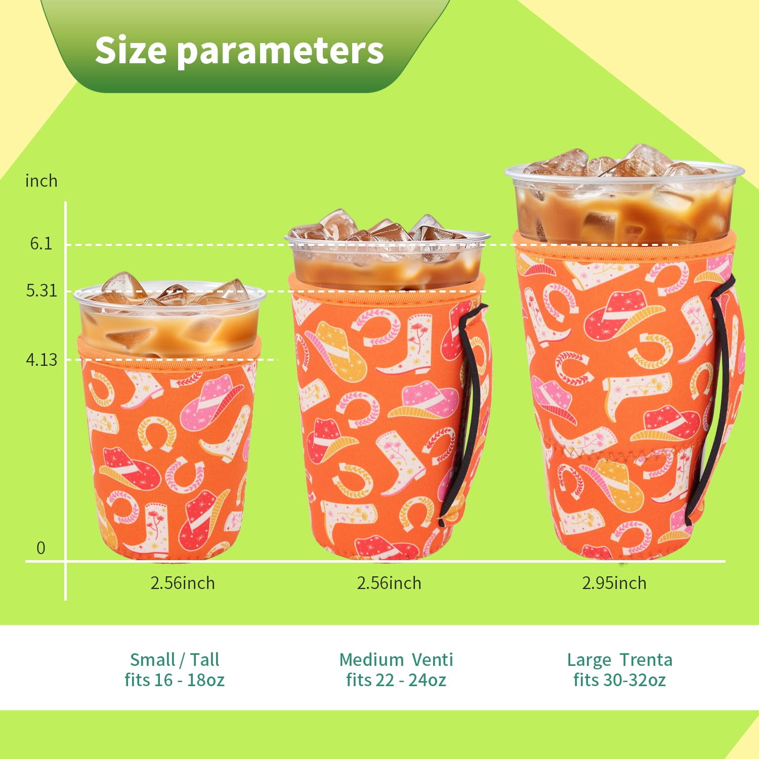 Snowso cowgirl-3pack iced coffee sleeve medium with handle for easy grip on 22-24 oz cups.