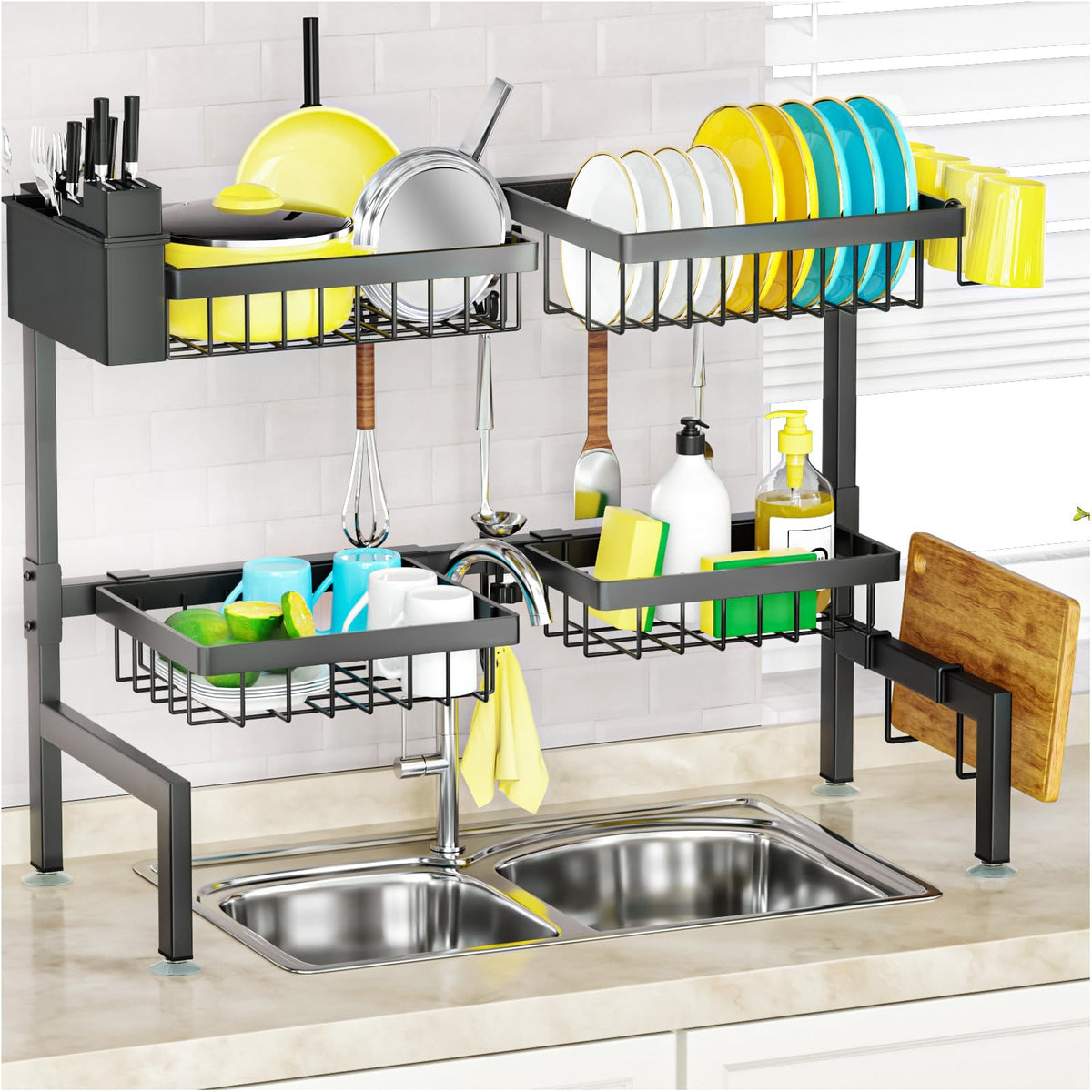 SNSLXH 2-tier over-the-sink rack extended to save counter space while drying dishes