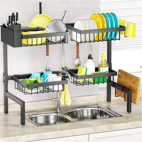 SNSLXH 2-tier over-the-sink rack extended to save counter space while drying dishes