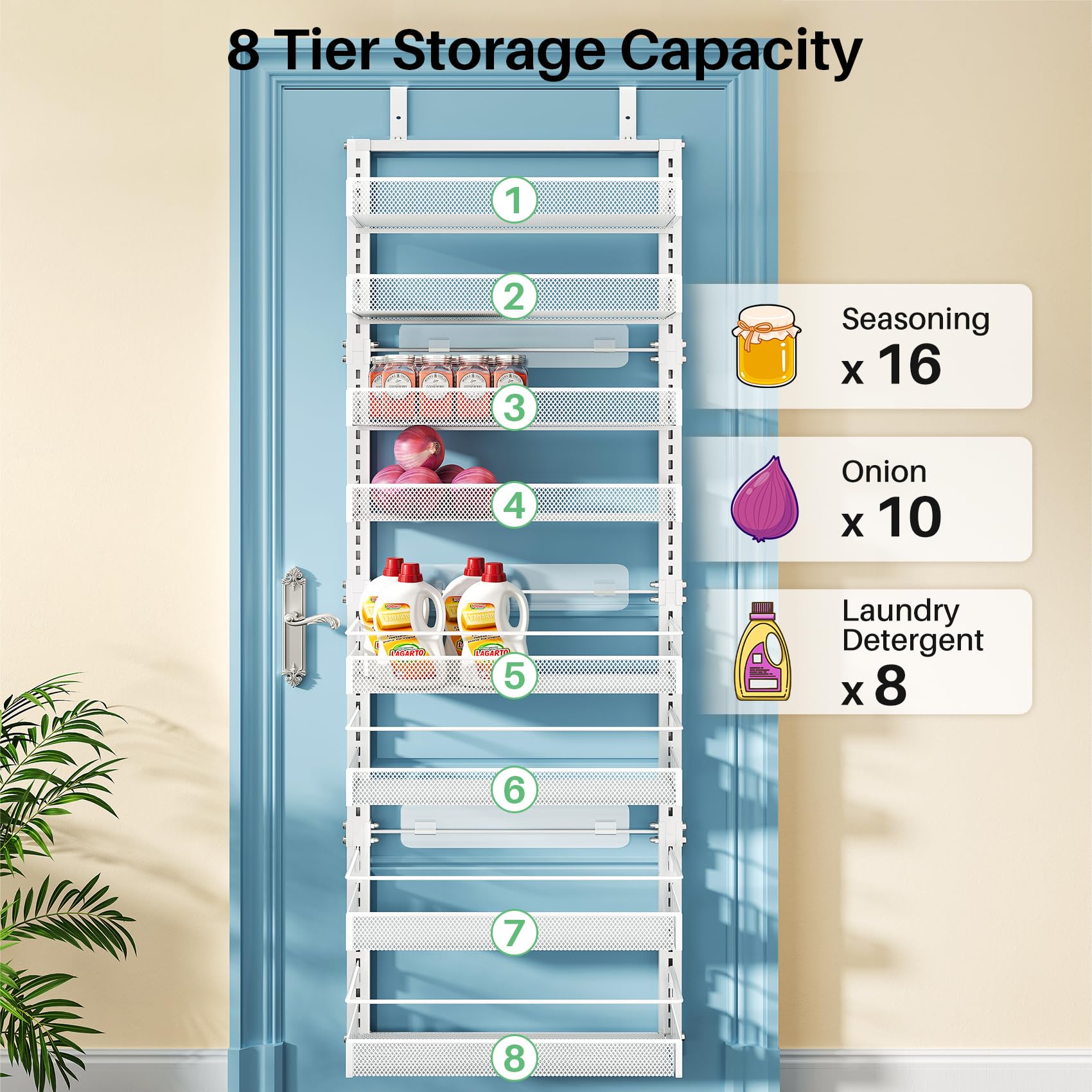 SNTD 8-tier-spacious-rack offers large capacity for spices and bottles.