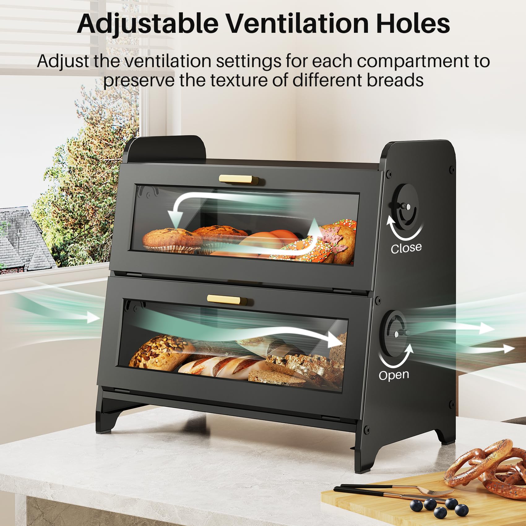 SNTD Bread Box adjustable vent dials control humidity for different breads