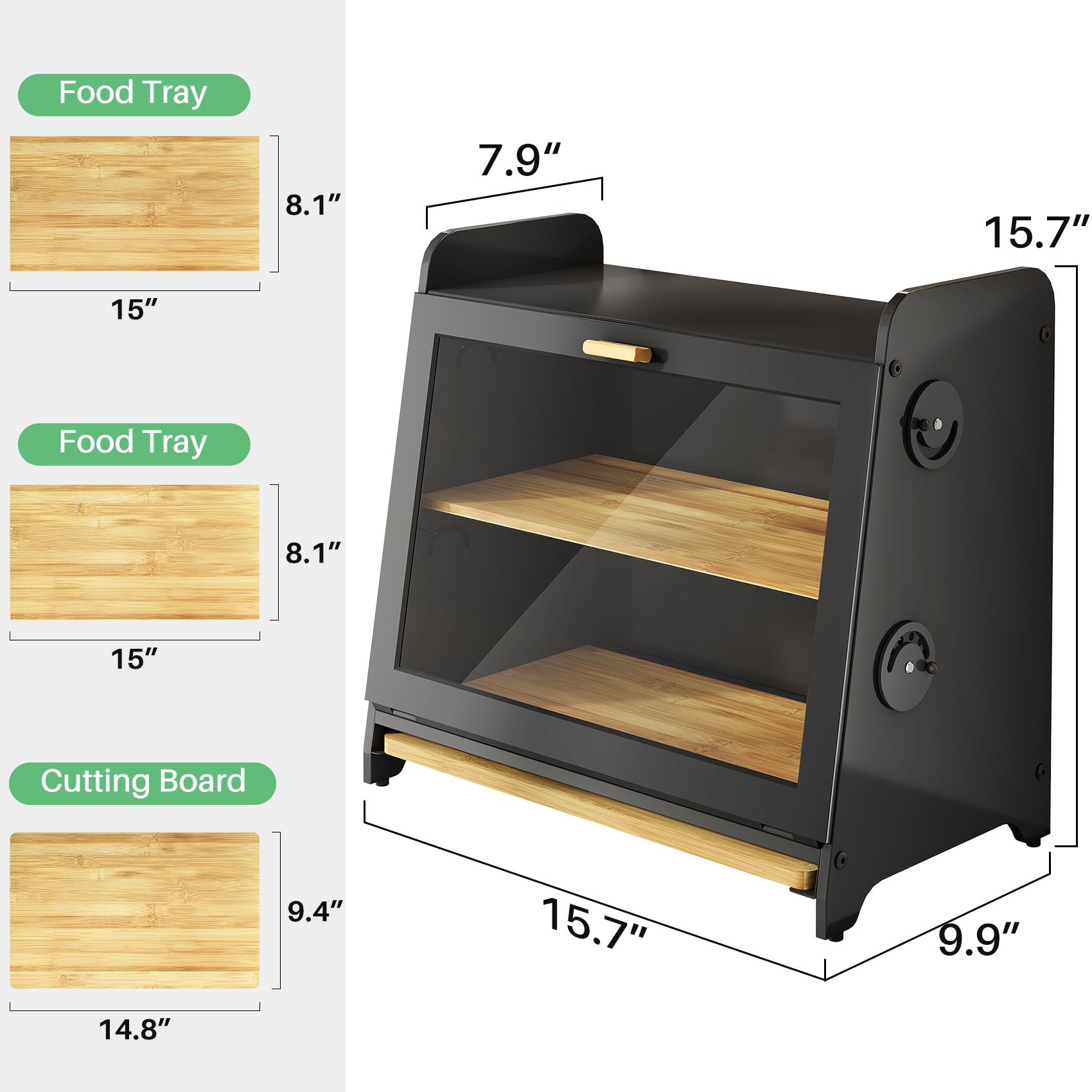 SNTD Bread Box dimensions guide for countertop placement.