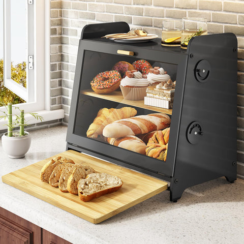 SNTD Bread Box side view showing sturdy metal frame and loaf storage.