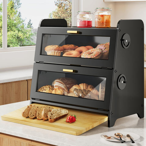 SNTD Bread Box two-tier design on counter offering organized bread storage