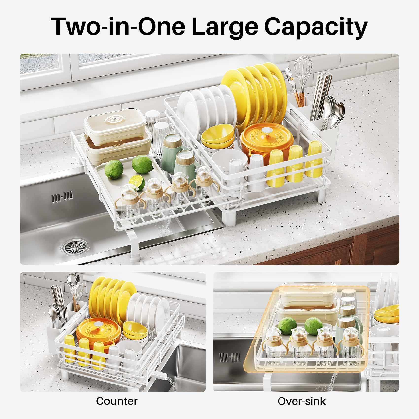 SNTD dish drainer angled drip tray directs water into the sink.