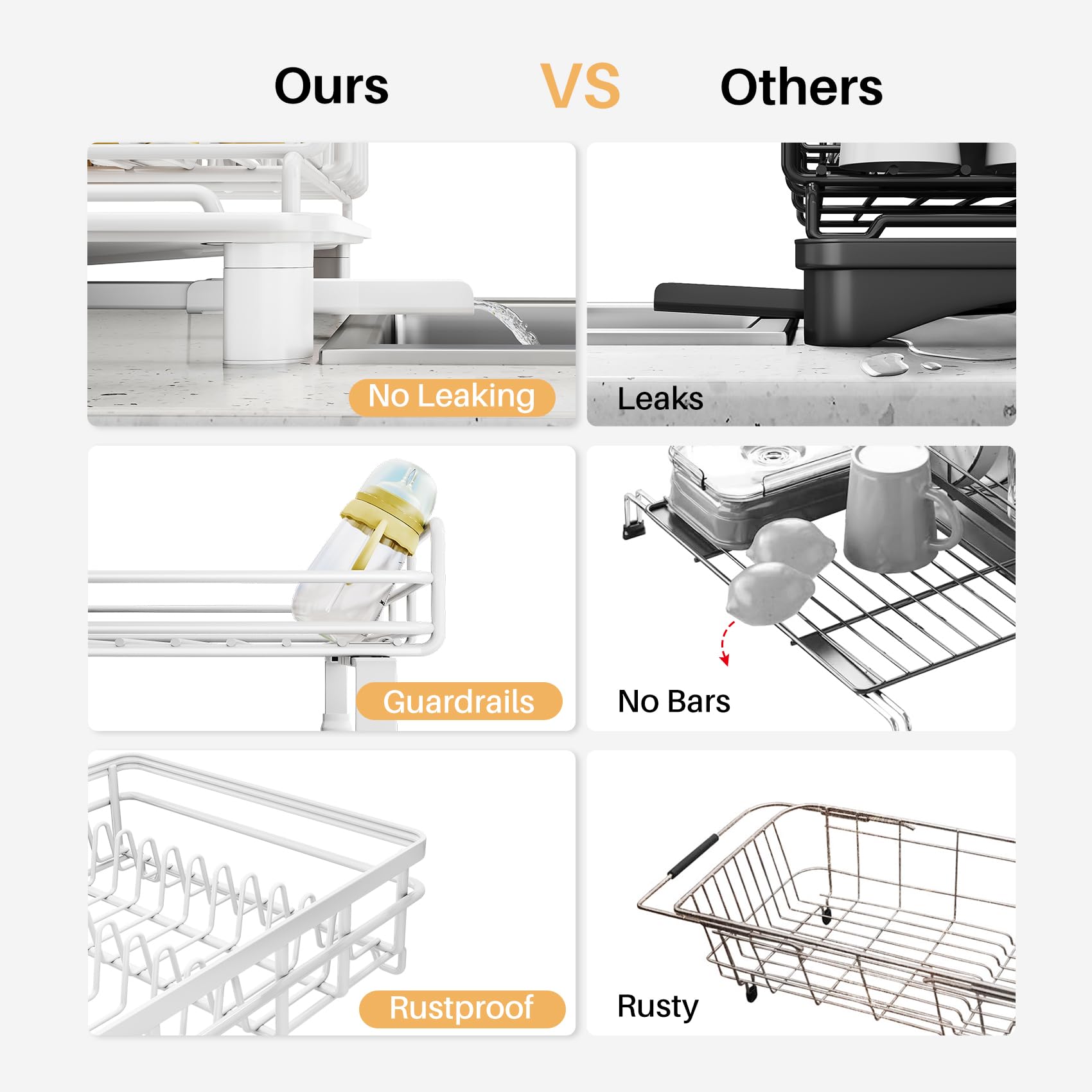SNTD drying rack adjustable feet fit different sinks securely.