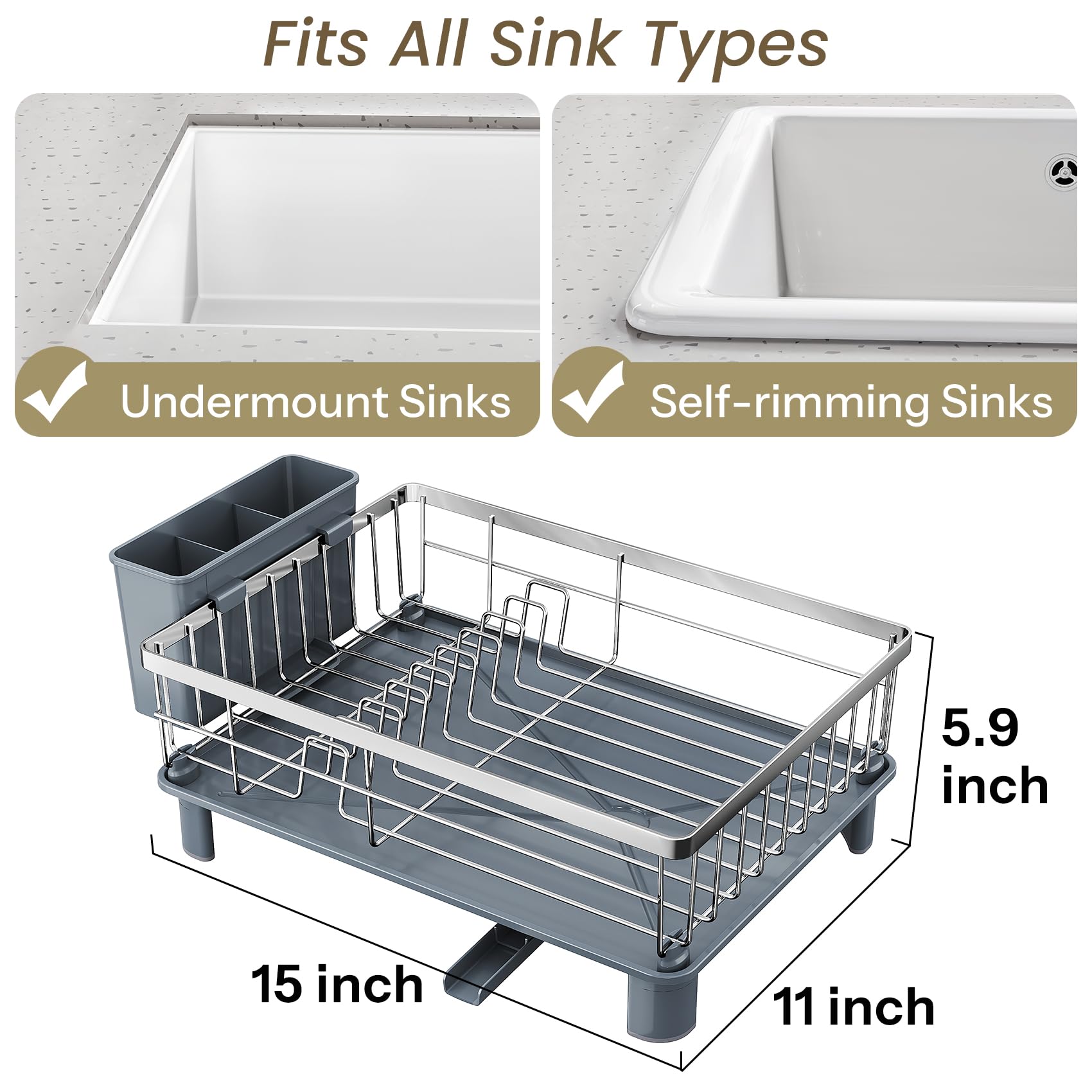 SNTD dish drying rack shows angled drainboard directing water to the sink.