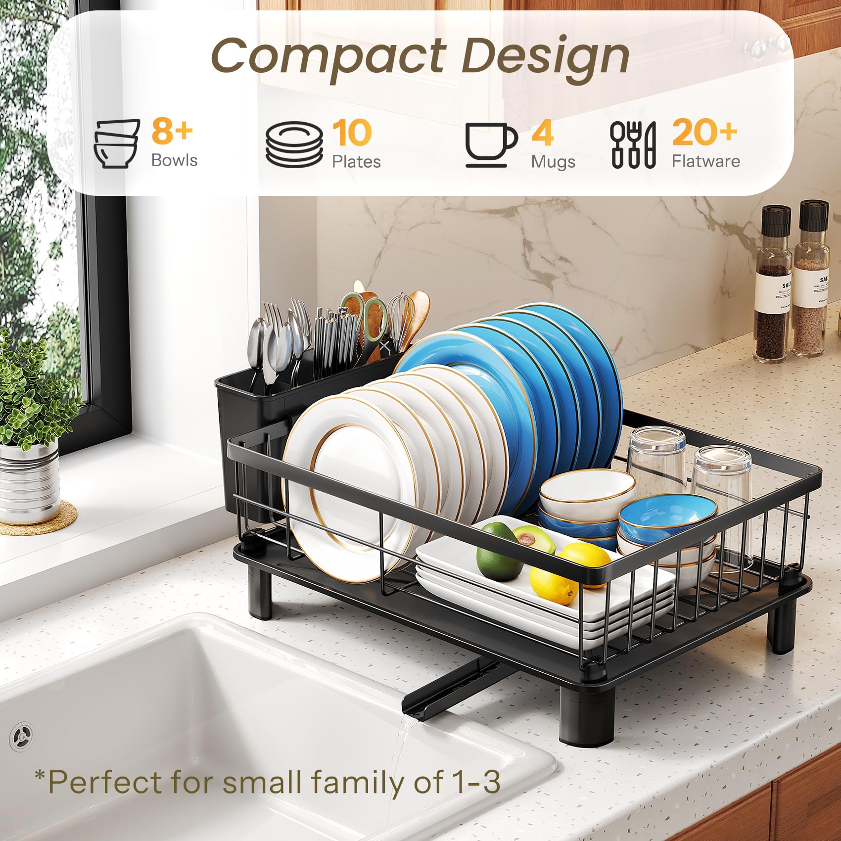 SNTD dish drying rack angled drainboard directs water to sink.